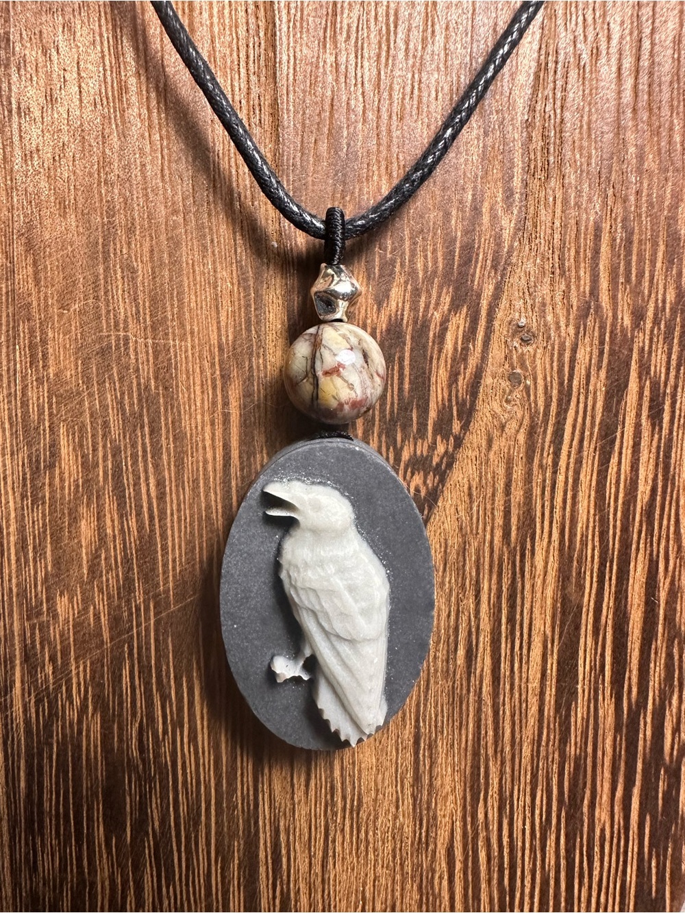 Handcrafted Tai Chi Stone Raven Pendant Necklace on Black Rope - Picture 4 of 11
